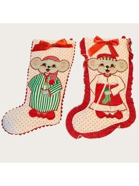 Vintage Grandma & Grandpa Mouse Quilted and Appliqued Christmas Stockings